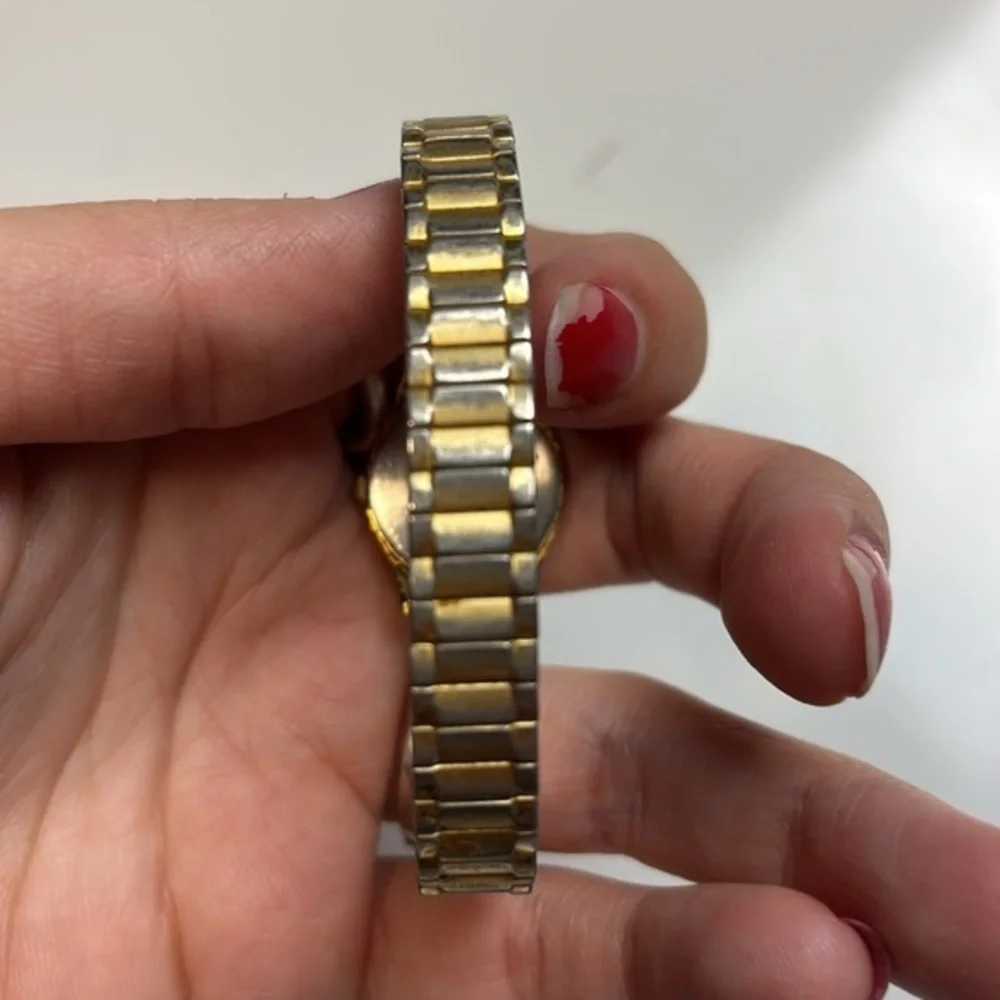 Vtg Pulsar Watch Women Gold‎ Linen Dial Y150-0A50 Stretch Band